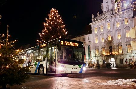 Bus vor Weihnachtsbaum